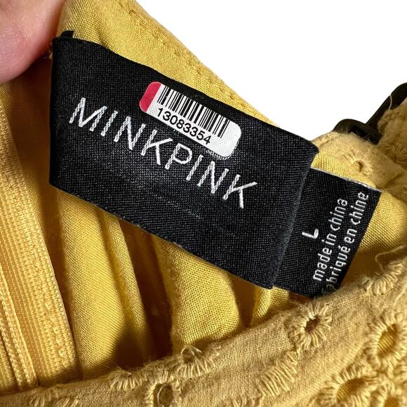 MinkPink My Friend Yellow Eyelet Wide Leg Flutter Sleeve Crop Jumpsuit Size L - Picture 8 of 14